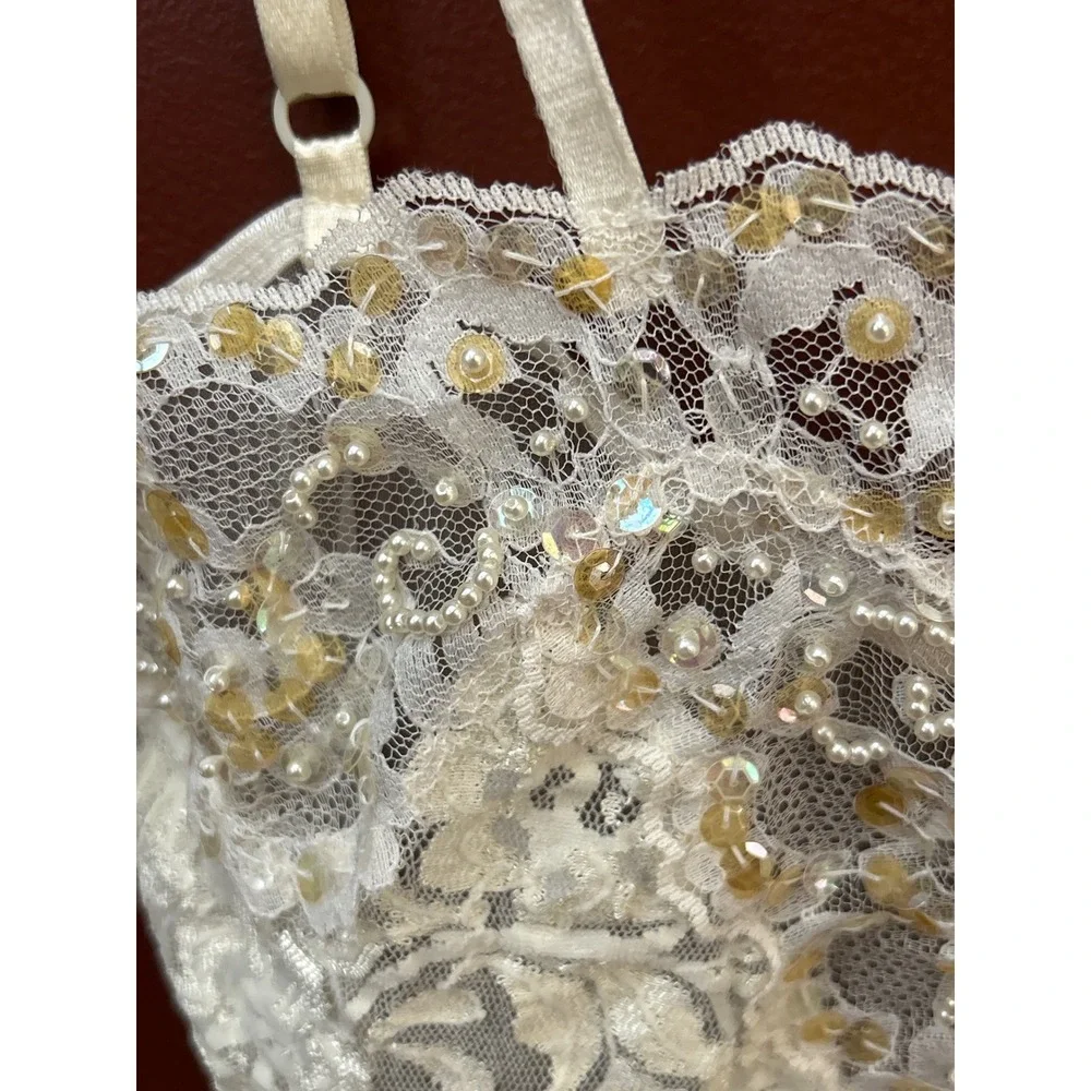 90s Cinema Etoile Bodysuit Lace Pearl Sequin Coquette Regencycore Bridal Ivory S - Picture 3 of 5